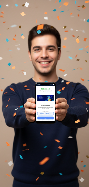 Kaç Kişiyiz - 325. kişi oldun badge, genç erkek telefonda sıralama görüyor