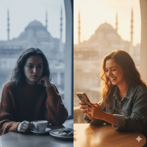 Kaç Kişiyiz - Yalnızlıktan bağlantıya dönüşüm, İstanbul manzarası önünde genç kadın